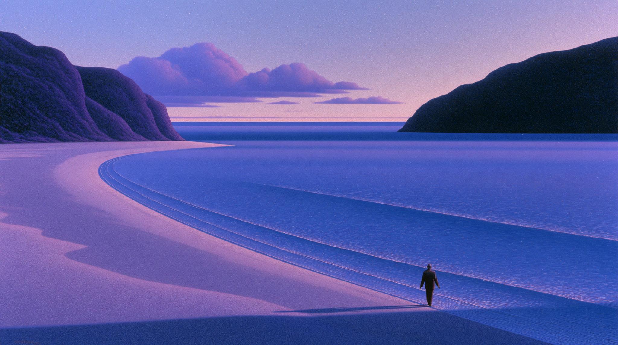 Landscape painting of a figure walking along a calm violet beach