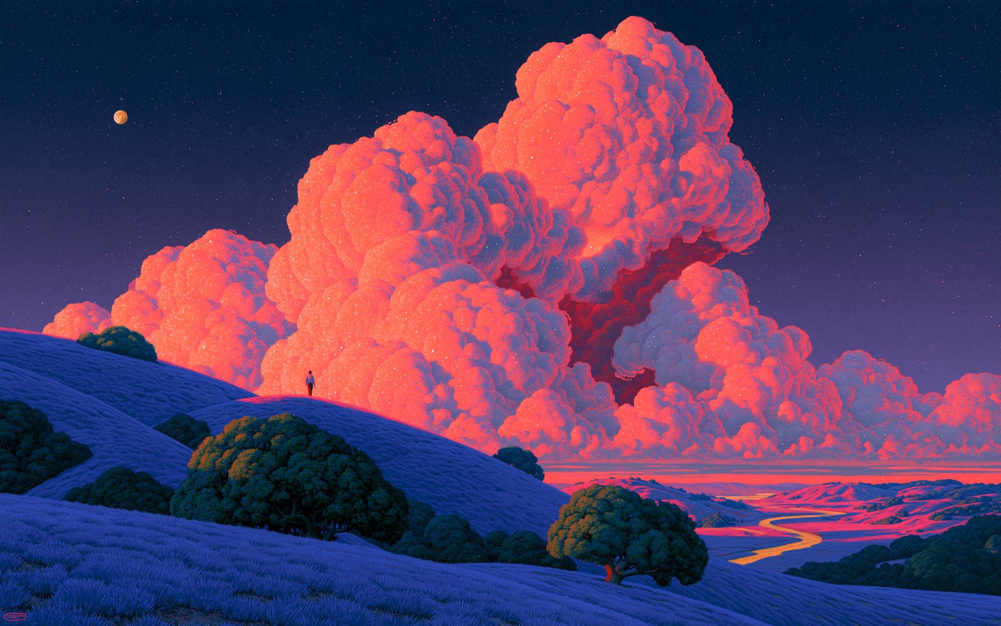 Landscape painting of glowing pink clouds over blue hills at dusk