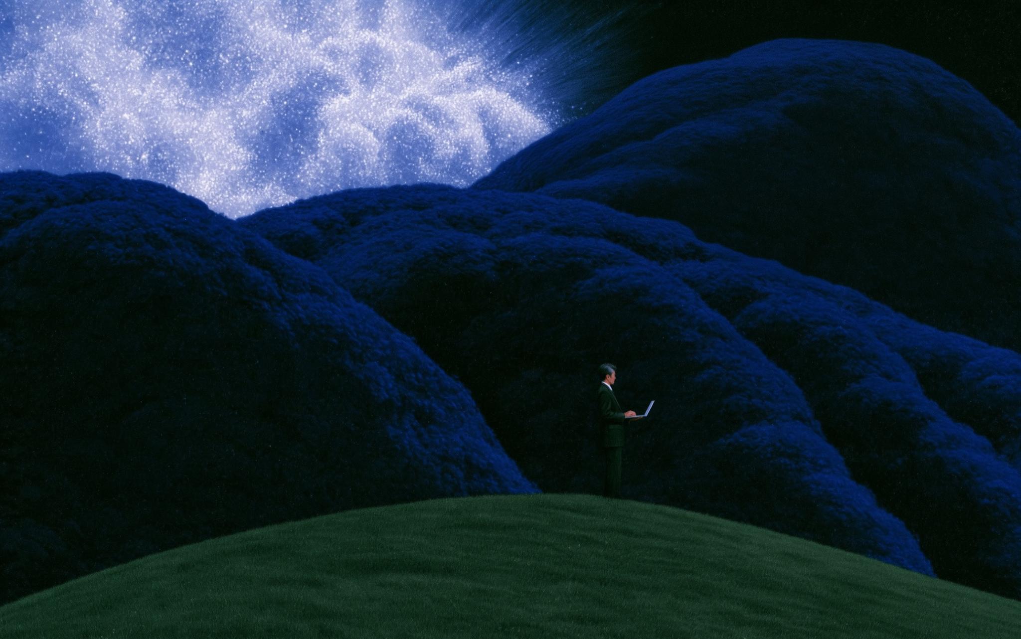 Painting of a man with a laptop on a green hill below dark blue hills and a bright sky