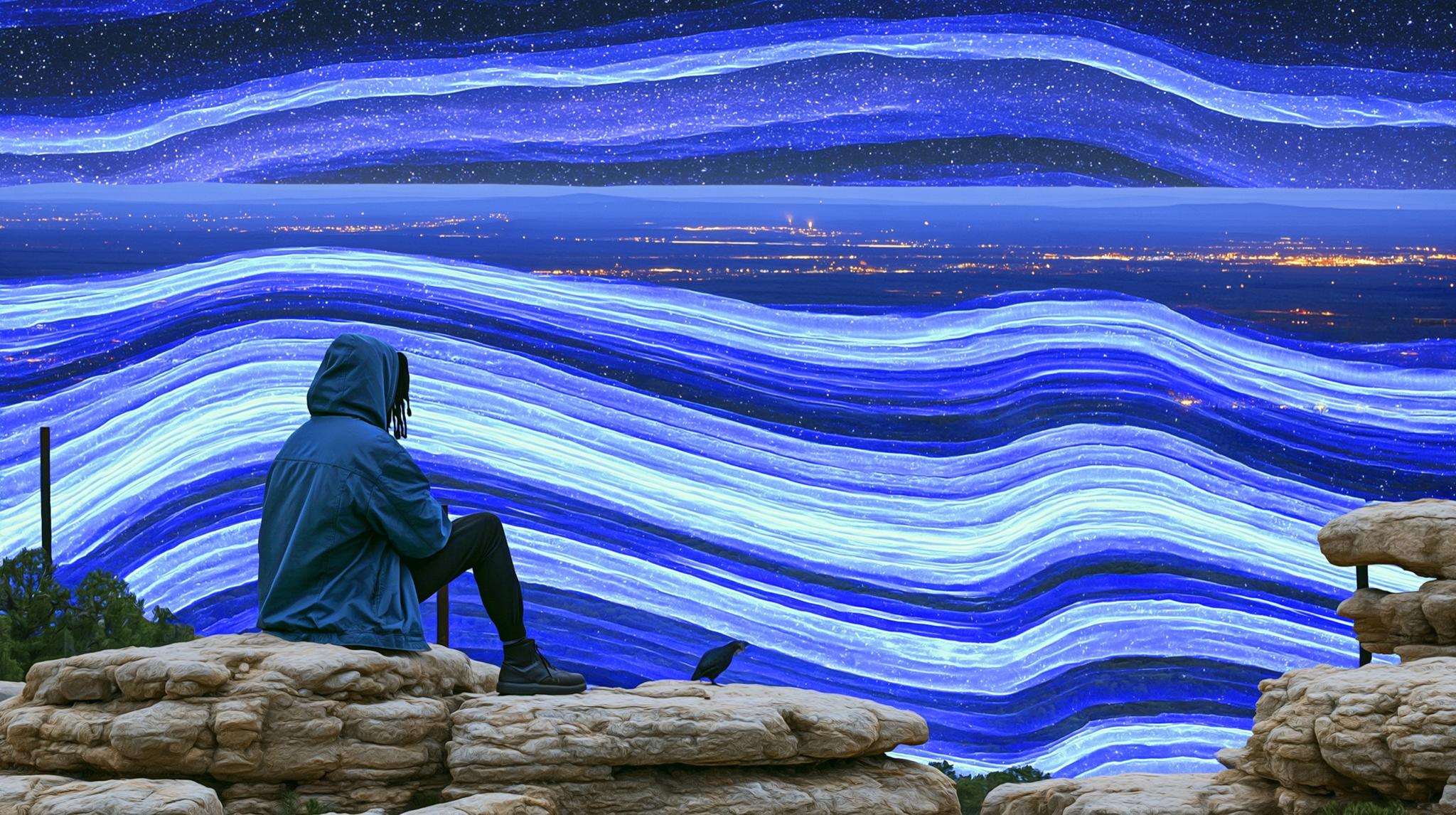 Painting of a hooded figure on rocks before waves of blue light over a city