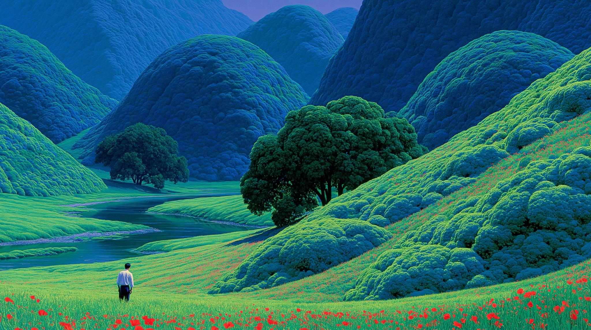Landscape painting of a figure in a green meadow of poppies below rounded hills