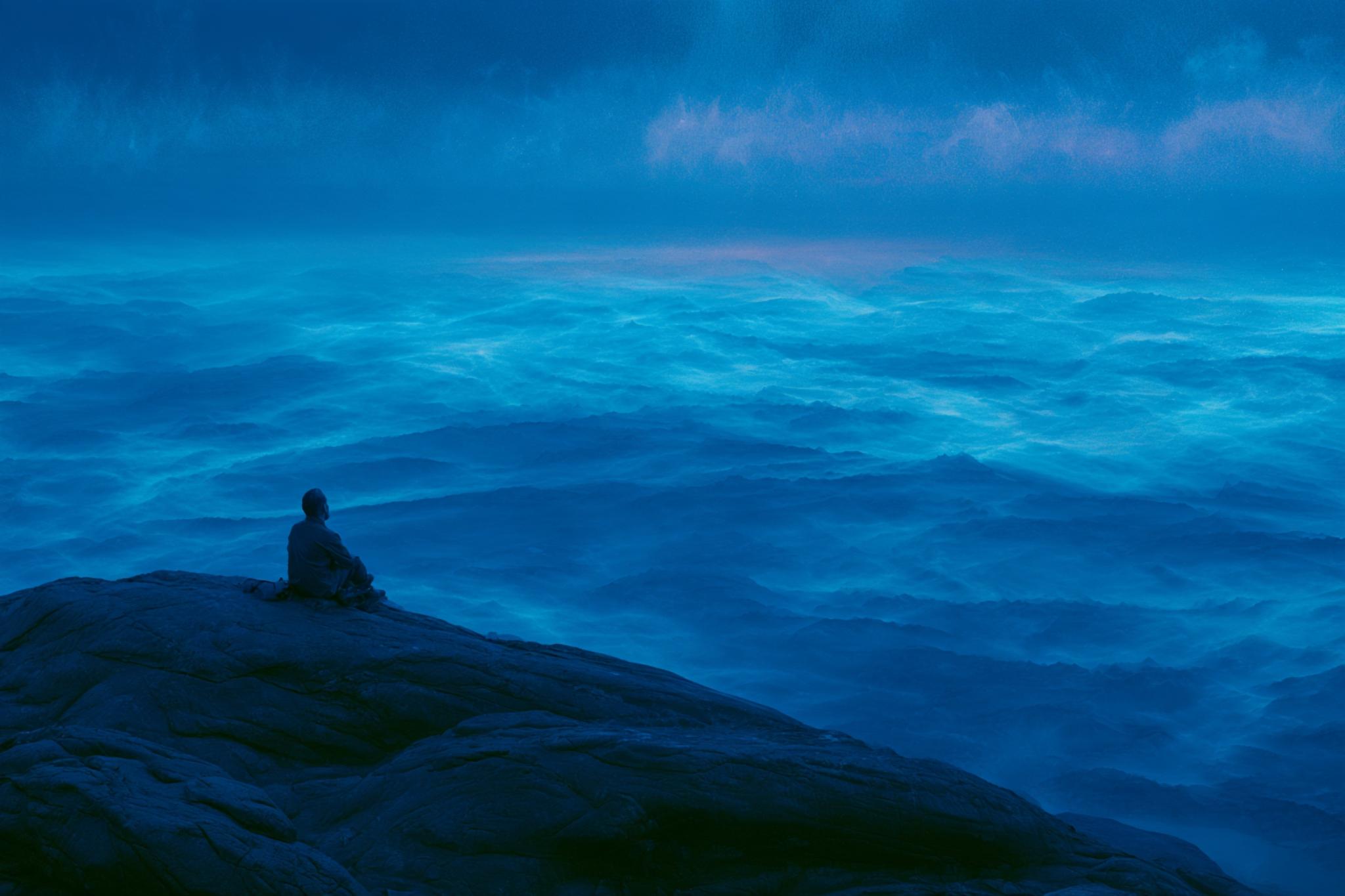Painting of a figure sitting on a rock above a sea of blue mist