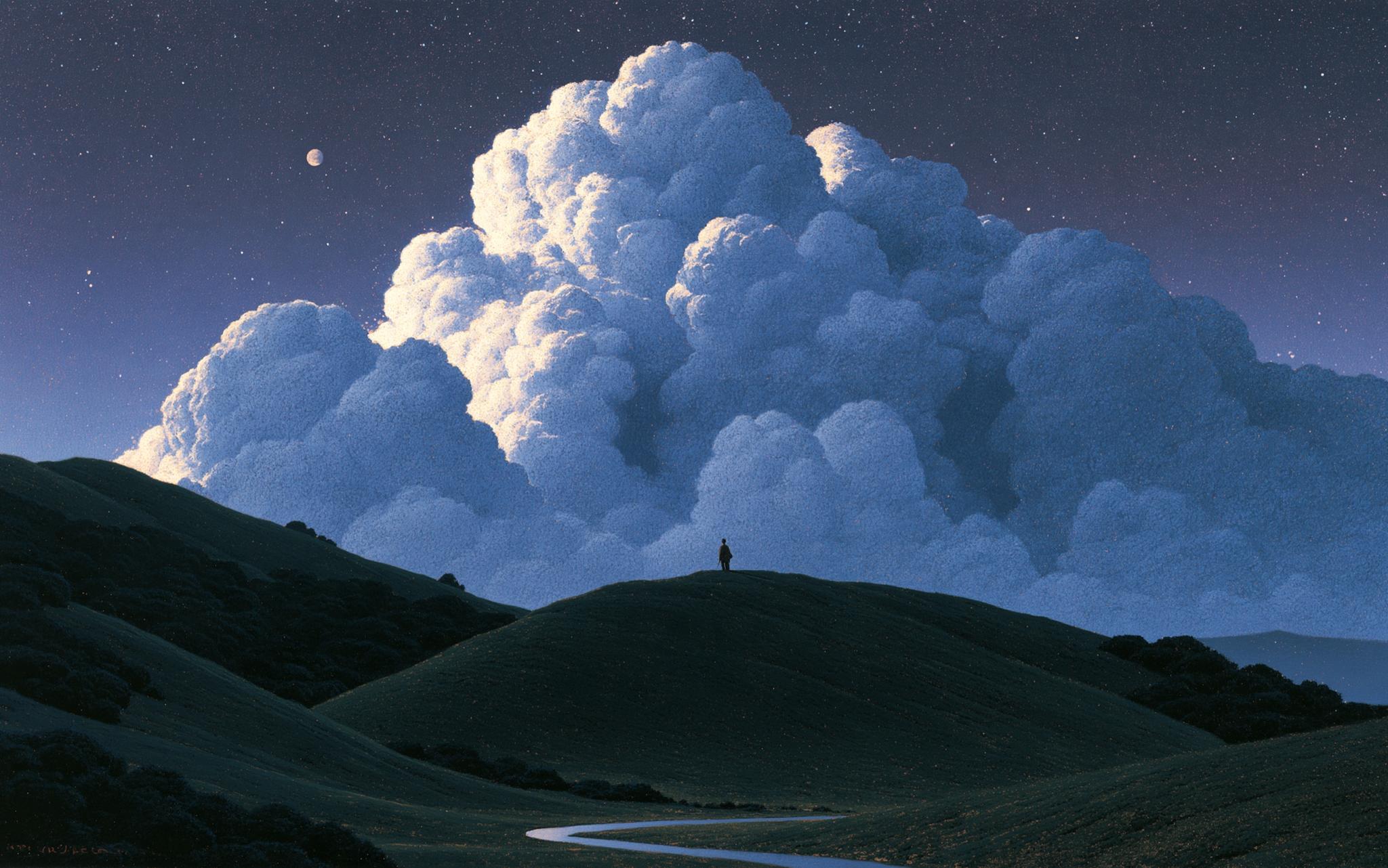 Landscape painting of a towering cloud over hills at night