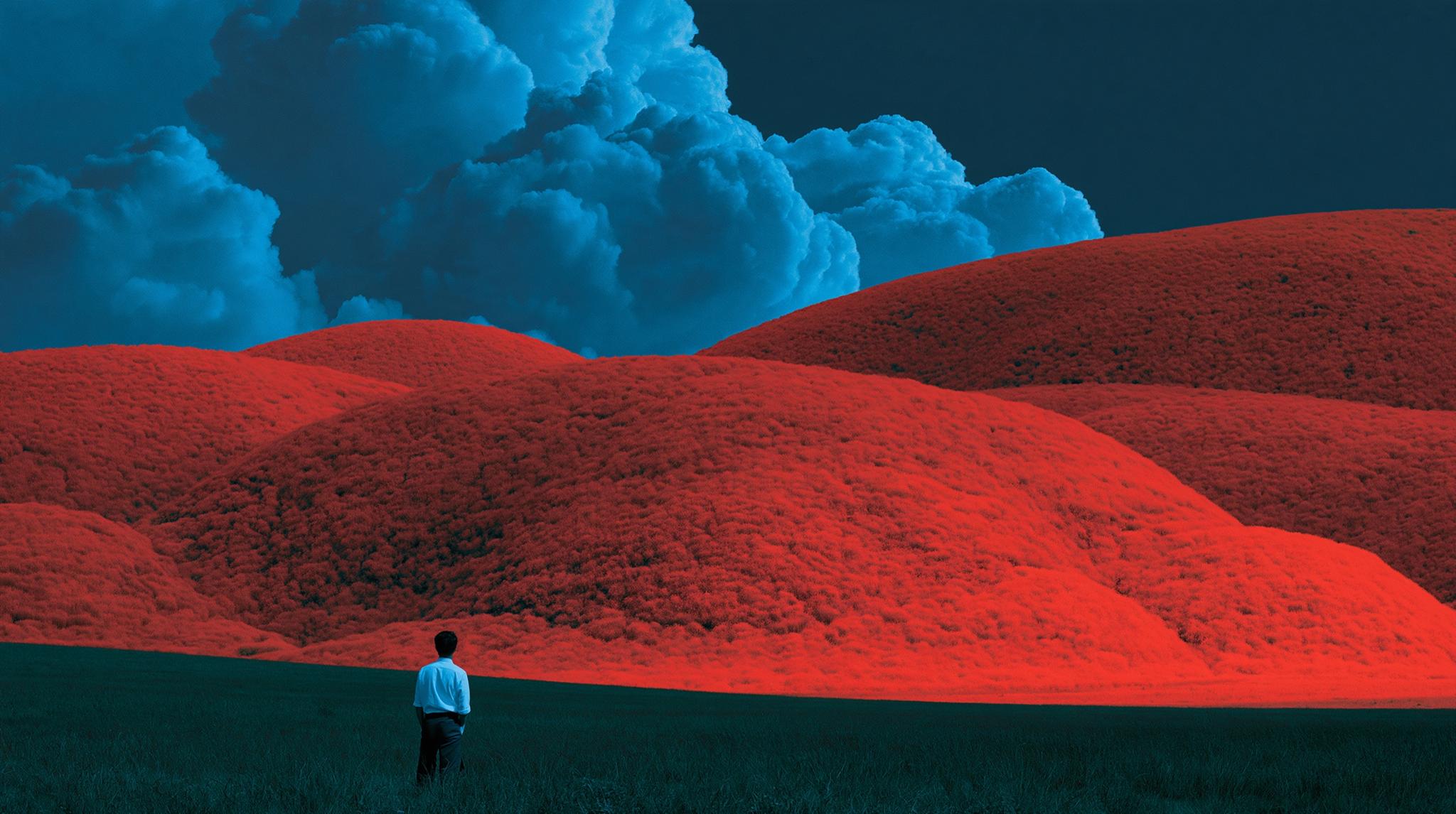 Landscape painting of a figure facing red hills under blue storm clouds