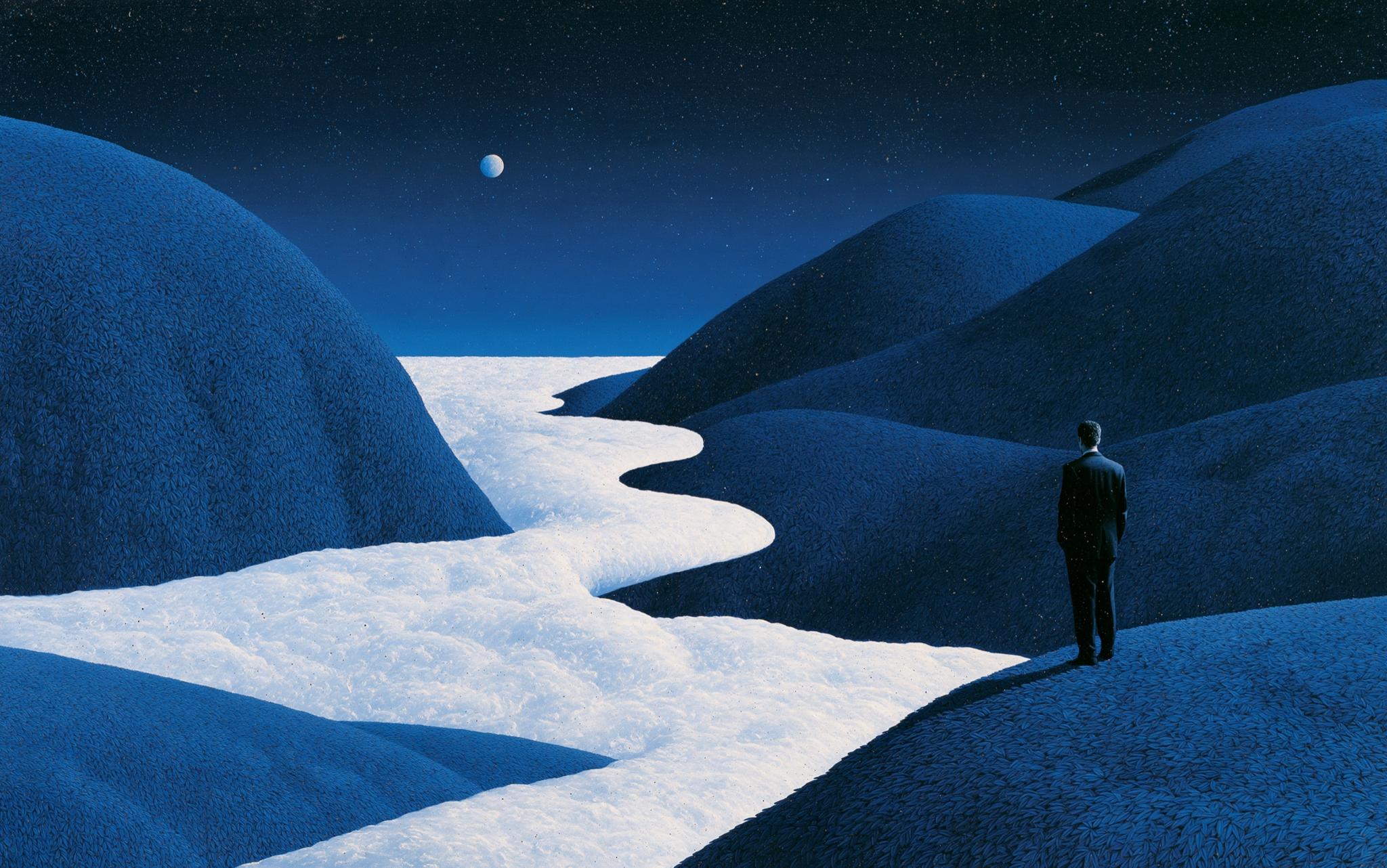 Landscape painting of a figure watching a white river wind between blue hills at night
