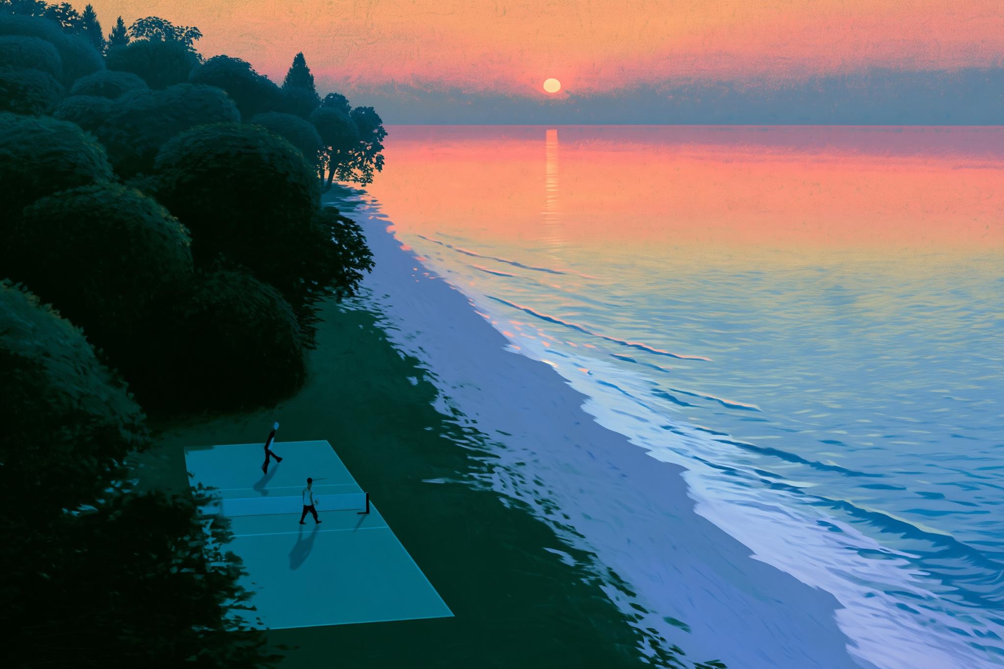Painting of two people playing tennis on a court by the shore at sunset