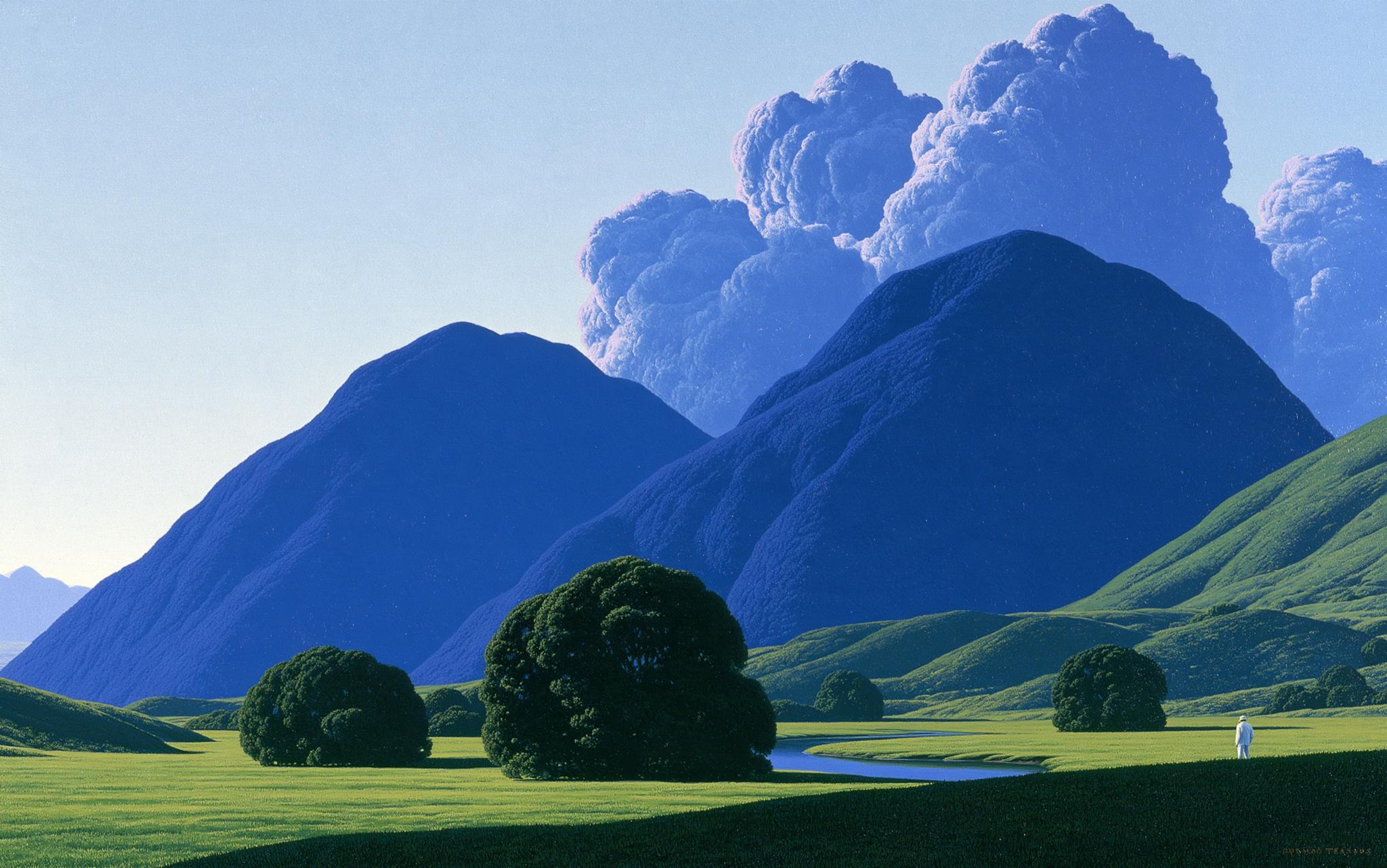 Landscape painting of two blue mountains and billowing clouds over a green valley