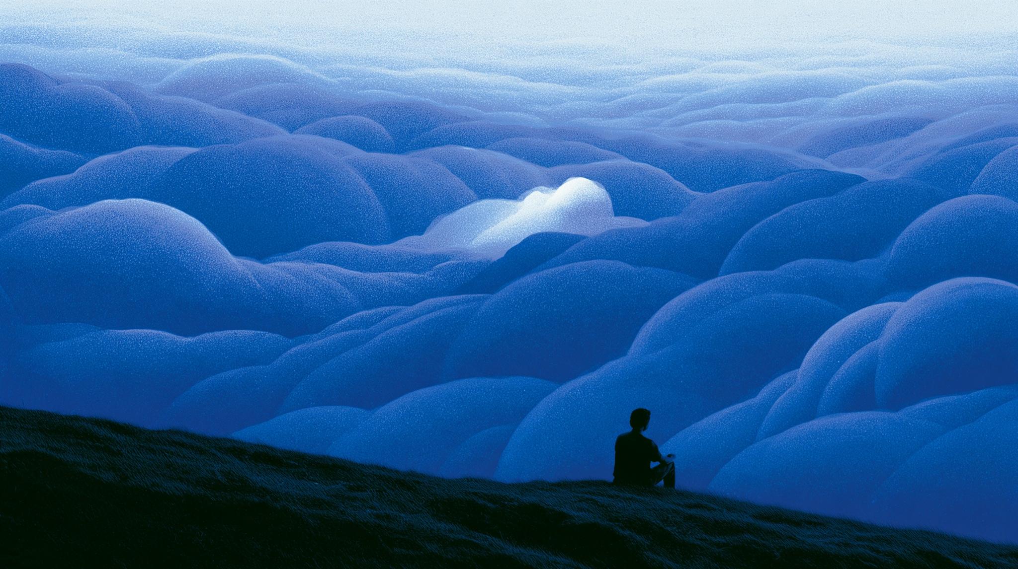 Landscape painting of a figure sitting above a sea of blue clouds