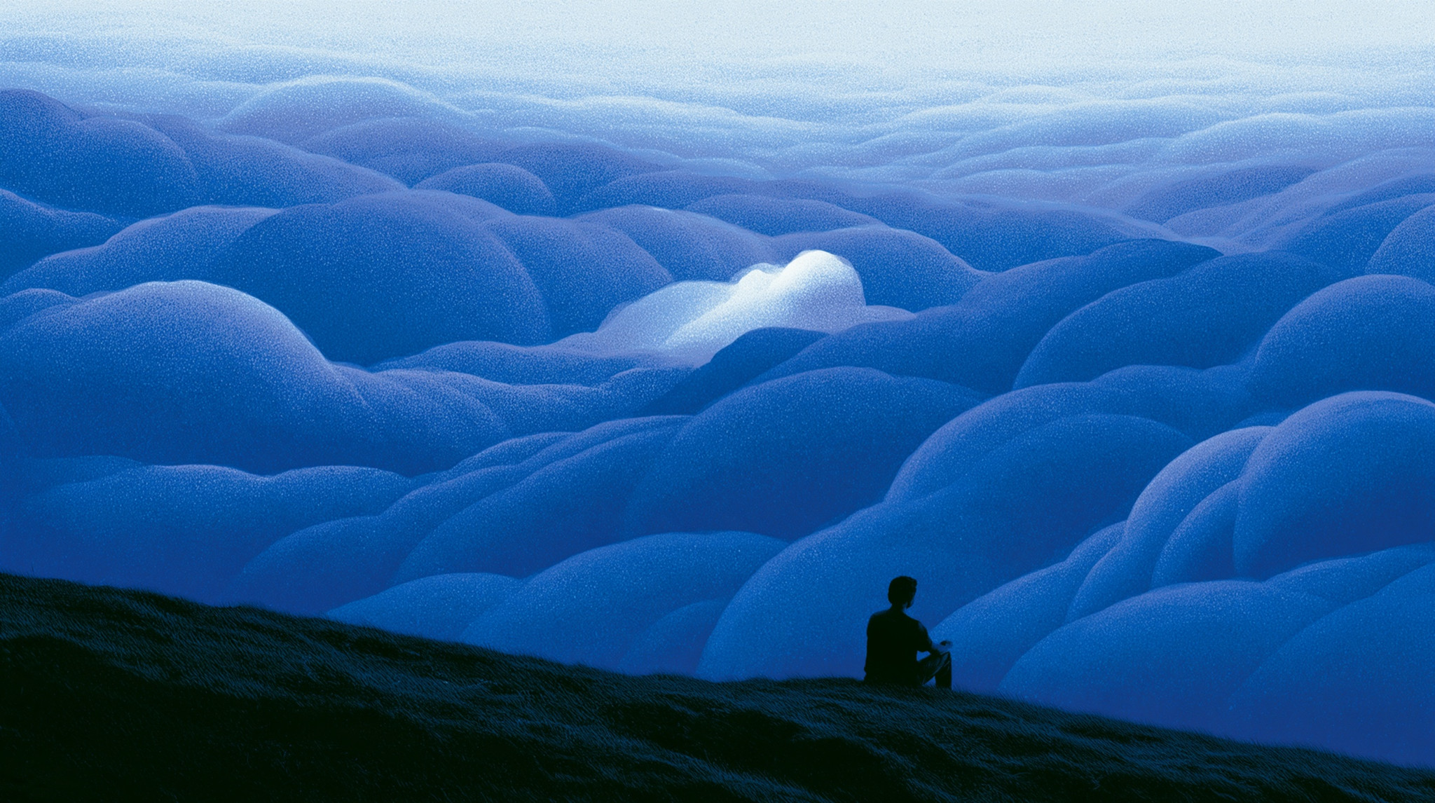 Landscape painting of a figure sitting above a sea of blue clouds